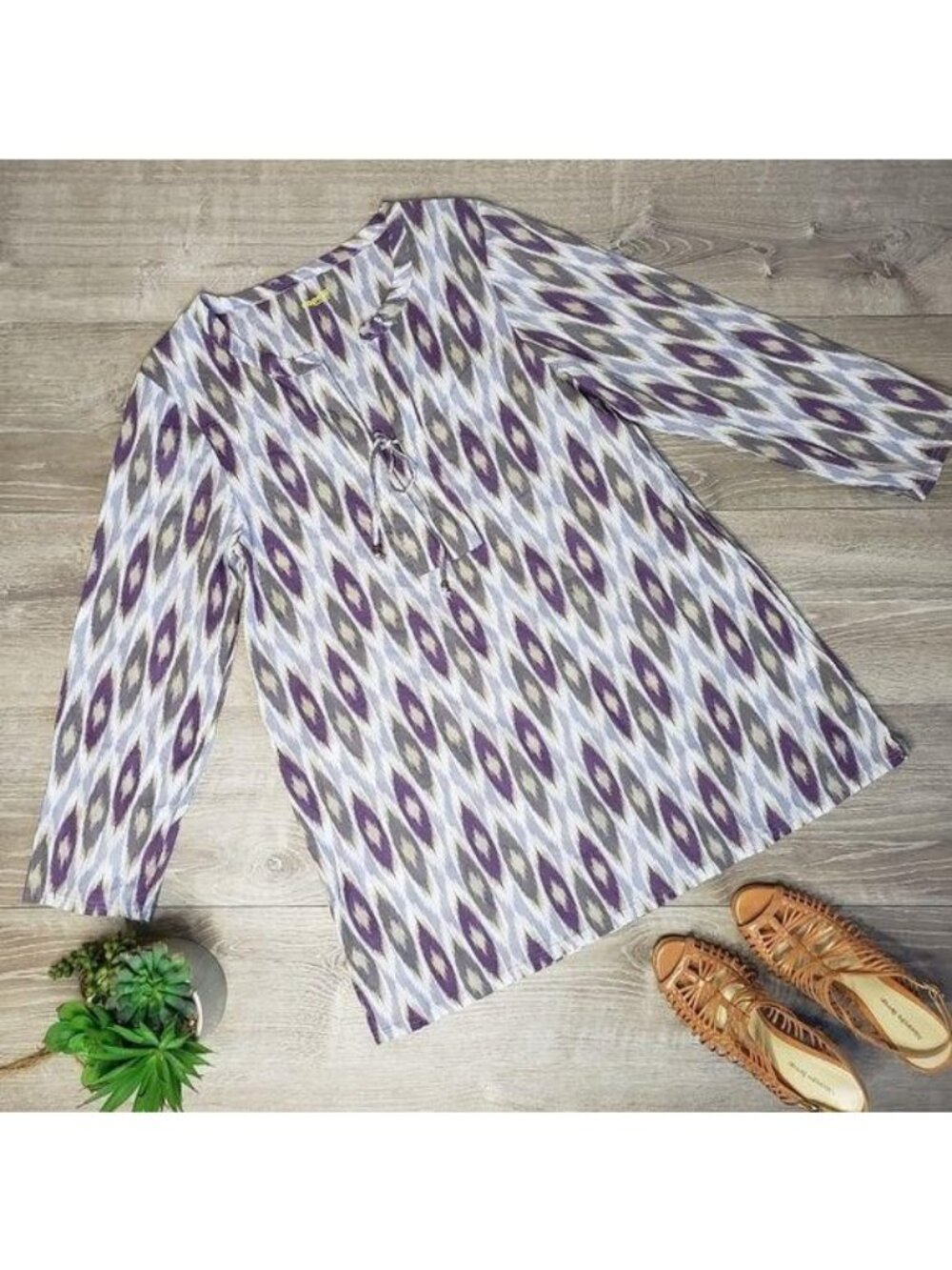 Capelli New York Womens Purple Ikat Print Long-Sleeve Tunic With Tie Neckline lg
